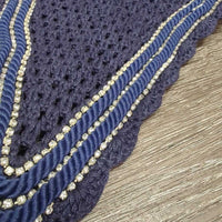 Soundproof Tie Down Crochet Fly Veil Ear Bonnet, 3x bling, 2x piping *vgc, clean, mnr hair, faded, curled bling
