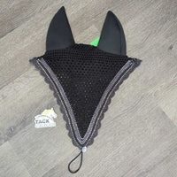 Soundproof Tie Down Hvy Crochet Fly Veil Ear Bonnet, 3x bling, 2x piping *vgc/xc, clean, mnr hair & curled corners
