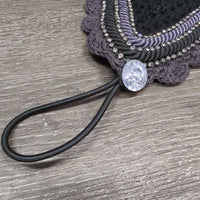 Soundproof Tie Down Hvy Crochet Fly Veil Ear Bonnet, 3x bling, 2x piping *vgc/xc, clean, mnr hair & curled corners
