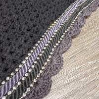 Soundproof Tie Down Hvy Crochet Fly Veil Ear Bonnet, 3x bling, 2x piping *vgc/xc, clean, mnr hair & curled corners
