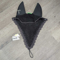 Soundproof Tie Down Hvy Crochet Fly Veil Ear Bonnet, 3x bling, 2x piping *vgc/xc, clean, mnr hair & curled corners
