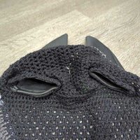 Soundproof Tie Down Hvy Crochet Fly Veil Ear Bonnet, 3x bling, 2x piping *vgc/xc, clean, mnr hair & curled corners
