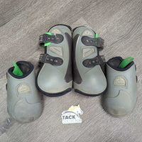Open Front & Hind Boots, tabs *gc, dirty, rubs, stains, pilly, discolored, scrapes, scratches, older

