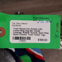 Sweet Iron French Link Loose Ring Gag Bit, Center Lozenge, Rubber Guards, Nunn Finer Nylon Cheeks, Trust Towel *vgc, clean, rubs, mnr rust, rubs & residue