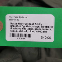 Hvy Full Seat Sticky Breeches *gc/fair, snags, discolored & rubbed seat/legs, seam puckers, faded, stains?, older, rubs, pills
