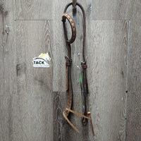 One Ear Thick Leather & Suede Belt Headstall, Buckstitched, Leather Laces *vgc, clean & mnr dirt, scratches, rubs, edge scrapes & stains

