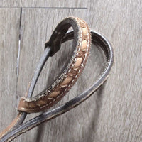 One Ear Thick Leather & Suede Belt Headstall, Buckstitched, Leather Laces *vgc, clean & mnr dirt, scratches, rubs, edge scrapes & stains
