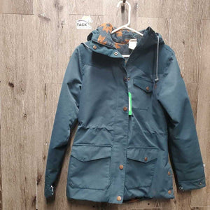 Canvas Fleece Lined Winter Jacket, Zipper & Snaps, hood *gc, faded, v.clumpy & hairy lining, unstitched cuff, rip, cuff stains