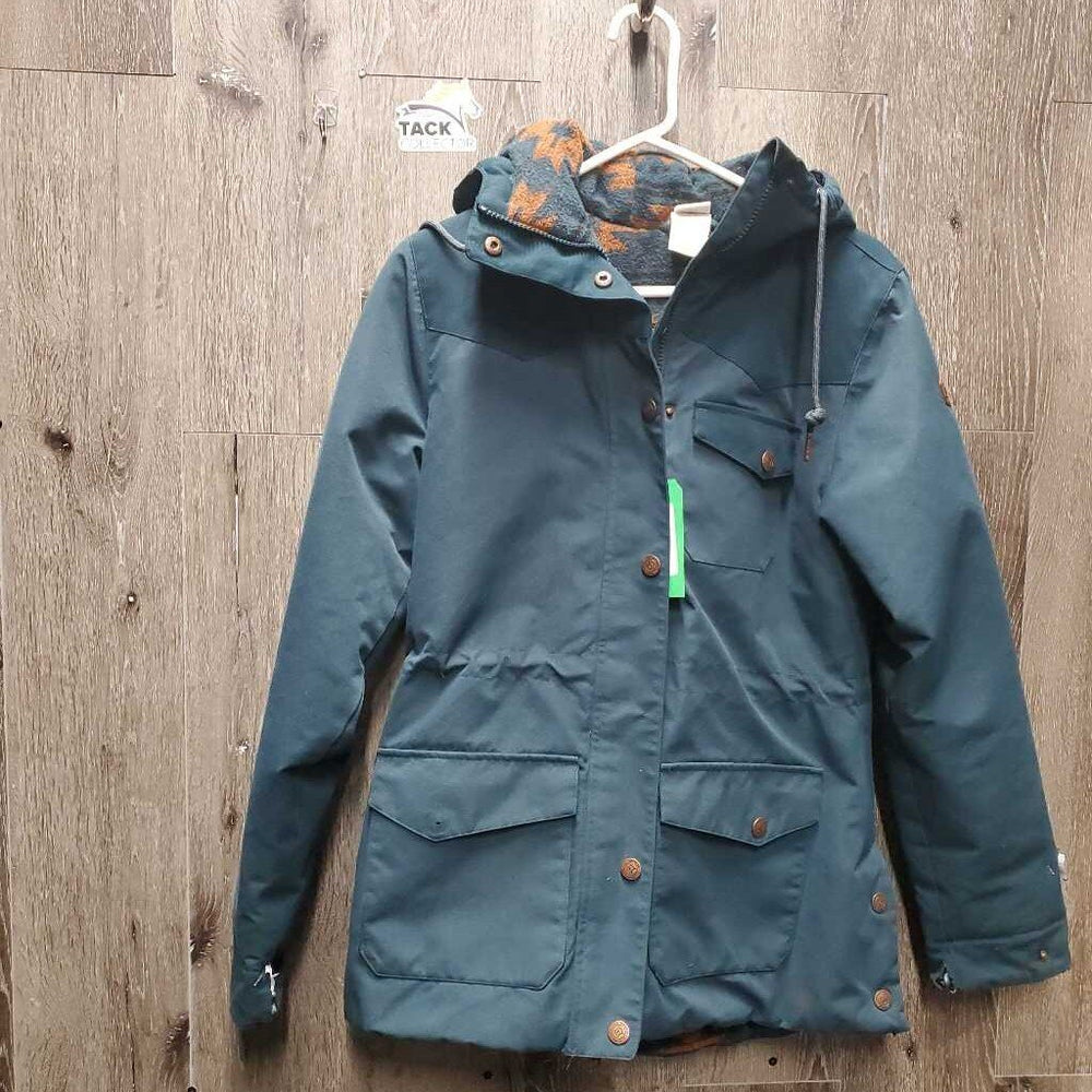Canvas Fleece Lined Winter Jacket, Zipper & Snaps, hood *gc, faded, v.clumpy & hairy lining, unstitched cuff, rip, cuff stains
