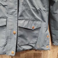 Canvas Fleece Lined Winter Jacket, Zipper & Snaps, hood *gc, faded, v.clumpy & hairy lining, unstitched cuff, rip, cuff stains

