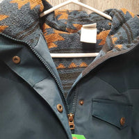 Canvas Fleece Lined Winter Jacket, Zipper & Snaps, hood *gc, faded, v.clumpy & hairy lining, unstitched cuff, rip, cuff stains