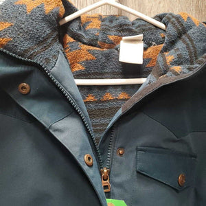 Canvas Fleece Lined Winter Jacket, Zipper & Snaps, hood *gc, faded, v.clumpy & hairy lining, unstitched cuff, rip, cuff stains