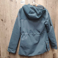 Canvas Fleece Lined Winter Jacket, Zipper & Snaps, hood *gc, faded, v.clumpy & hairy lining, unstitched cuff, rip, cuff stains
