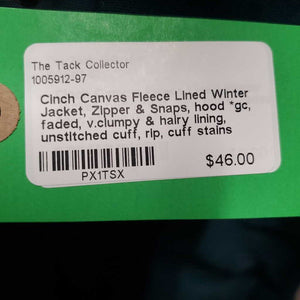 Canvas Fleece Lined Winter Jacket, Zipper & Snaps, hood *gc, faded, v.clumpy & hairy lining, unstitched cuff, rip, cuff stains