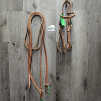 Hvy Harness Leather Headstall, horse hair tassels, Pr Split Reins *xc/vgc, mnr scuffs, stains, rubs, dents & scraped edges
