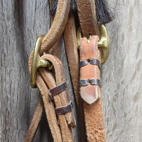 Hvy Harness Leather Headstall, horse hair tassels, Pr Split Reins *xc/vgc, mnr scuffs, stains, rubs, dents & scraped edges

