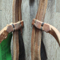 Hvy Harness Leather Headstall, horse hair tassels, Pr Split Reins *xc/vgc, mnr scuffs, stains, rubs, dents & scraped edges
