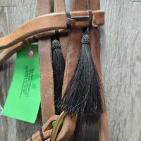 Hvy Harness Leather Headstall, horse hair tassels, Pr Split Reins *xc/vgc, mnr scuffs, stains, rubs, dents & scraped edges
