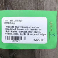 Hvy Harness Leather Headstall, horse hair tassels, Pr Split Reins *xc/vgc, mnr scuffs, stains, rubs, dents & scraped edges
