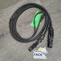 Rolled Rubber Lined Reins, buckles *gc/fair, dirty, rubber: peeling, sticky, unglued, threads & frays
