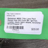 #655 Thin Low Port Sweet Iron SS Curb Bit *gc/fair, v.rusty, clean, bent shank, scratches

