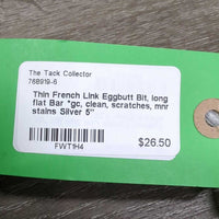 Thin French Link Eggbutt Bit, long flat Bar *gc, clean, scratches, mnr stains
