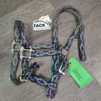 Thick Nylon Halter, adj x 2 *fair, unstitched, trimmed/frayed end, dirty, rusty, stains, older, rubs
