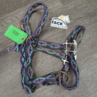 Thick Nylon Halter, adj x 2 *fair, unstitched, trimmed/frayed end, dirty, rusty, stains, older, rubs
