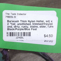 Thick Nylon Halter, adj x 2 *fair, unstitched, trimmed/frayed end, dirty, rusty, stains, older, rubs
