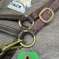 Thin Narrow Leather Halter, adj, snap *gc/fair, scrapes, rubs, chipped edges, replaced keeper & crown piece, older, v.stiff/bent
