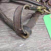 Thin Narrow Leather Halter, adj, snap *gc/fair, scrapes, rubs, chipped edges, replaced keeper & crown piece, older, v.stiff/bent
