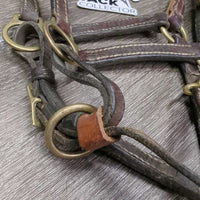 Thin Narrow Leather Halter, adj, snap *gc/fair, scrapes, rubs, chipped edges, replaced keeper & crown piece, older, v.stiff/bent
