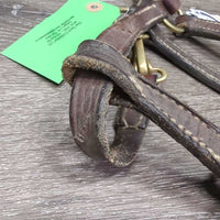Thin Narrow Leather Halter, adj, snap *gc/fair, scrapes, rubs, chipped edges, replaced keeper & crown piece, older, v.stiff/bent
