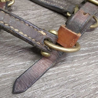 Thin Narrow Leather Halter, adj, snap *gc/fair, scrapes, rubs, chipped edges, replaced keeper & crown piece, older, v.stiff/bent
