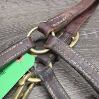 Thin Narrow Leather Halter, adj, snap *gc/fair, scrapes, rubs, chipped edges, replaced keeper & crown piece, older, v.stiff/bent
