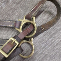 Thin Narrow Leather Halter, adj, snap *gc/fair, scrapes, rubs, chipped edges, replaced keeper & crown piece, older, v.stiff/bent
