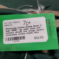 Cotton Stable Sheet, 2 legs "MMR" *gc, older, clean, mnr puckers, shrunk, hair, snags, repairs, unstitched, cracks, stains, slice
