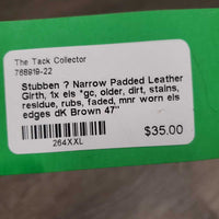 Narrow Padded Leather Girth, 1x els *gc, older, dirt, stains, residue, rubs, faded, mnr worn els edges
