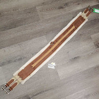 Wide Thin Cotton & Fleece Girth, 2x els, D Ring *fair, clean, older, v.thin & holey edges, threads, frays, hairy, shrunk, stains, v.rusty
