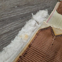 Wide Thin Cotton & Fleece Girth, 2x els, D Ring *fair, clean, older, v.thin & holey edges, threads, frays, hairy, shrunk, stains, v.rusty
