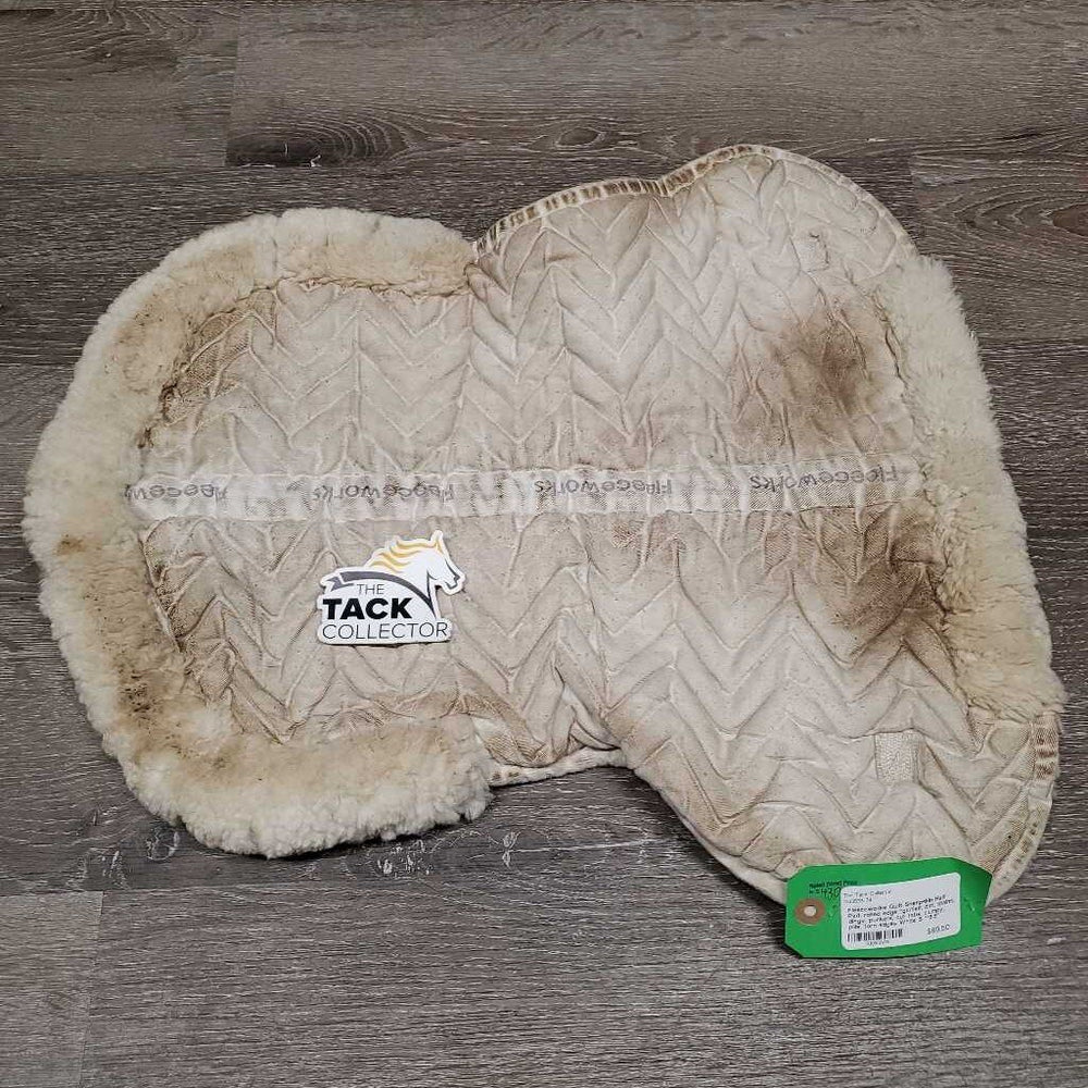 Quilt Sheepskin Half Pad, rolled edge *gc/fair, dirt, stains, dingy, puckers, cut tabs, clumpy, pills, torn edges