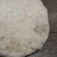 Quilt Sheepskin Half Pad, rolled edge *gc/fair, dirt, stains, dingy, puckers, cut tabs, clumpy, pills, torn edges
