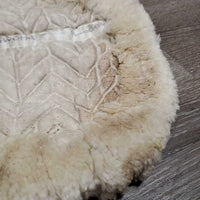 Quilt Sheepskin Half Pad, rolled edge *gc/fair, dirt, stains, dingy, puckers, cut tabs, clumpy, pills, torn edges
