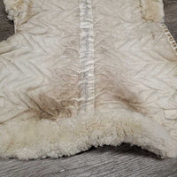 Quilt Sheepskin Half Pad, rolled edge *gc/fair, dirt, stains, dingy, puckers, cut tabs, clumpy, pills, torn edges
