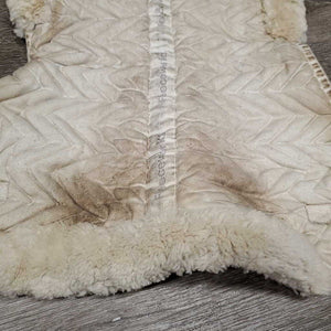 Quilt Sheepskin Half Pad, rolled edge *gc/fair, dirt, stains, dingy, puckers, cut tabs, clumpy, pills, torn edges