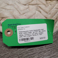 Quilt Sheepskin Half Pad, rolled edge *gc/fair, dirt, stains, dingy, puckers, cut tabs, clumpy, pills, torn edges
