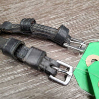 2 Fine Narrow Leather Spur Straps *gc/fair, dirty, twisted, bent sliced hole, rubs, faded
