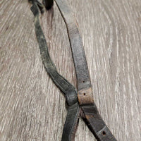 2 Fine Narrow Leather Spur Straps *gc/fair, dirty, twisted, bent sliced hole, rubs, faded
