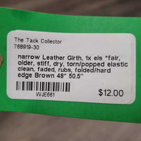 narrow Leather Girth, 1x els *fair, older, stiff, dry, torn/popped elastic, clean, faded, rubs, folded/hard edge
