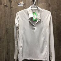 LS Show Sun Shirt, 1/4 snap up, snap collar, mesh sleeves *fair, v.dingy, stains, seam puckers, snags, stretched mesh, pits